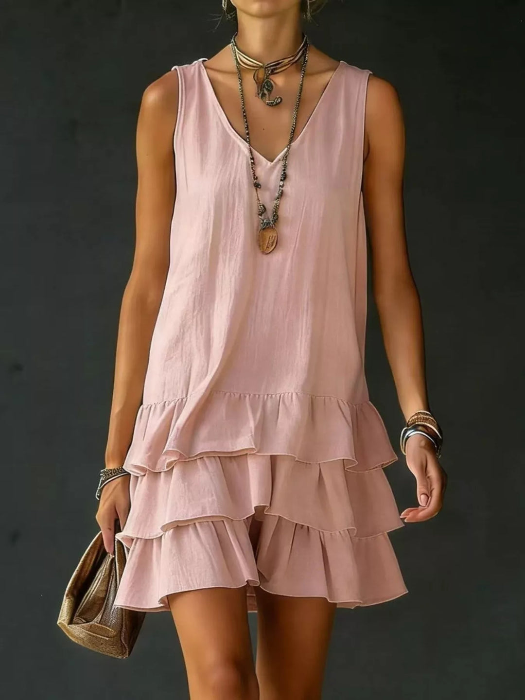 Pink Tiered ruffle hem V-neck sleeveless mini dress
