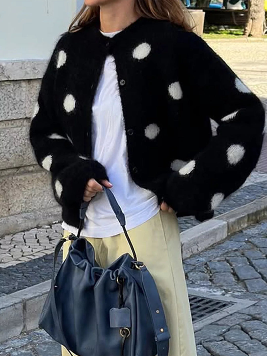Black Polka dot fuzzy knit button-up cropped cardigan