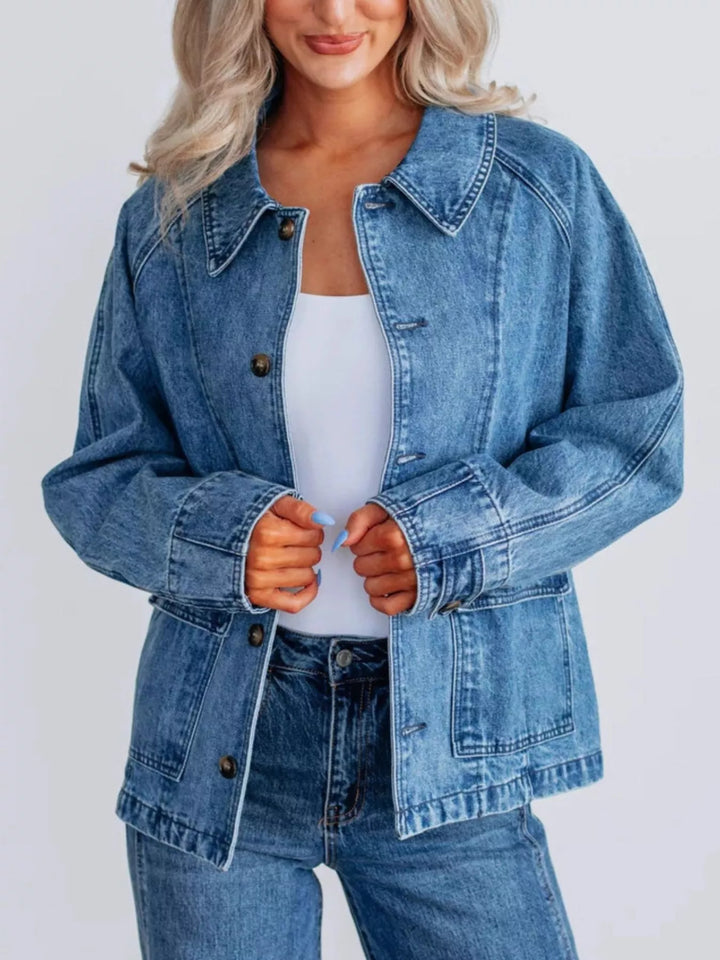 Oversized button-up denim jacket with raglan sleeves