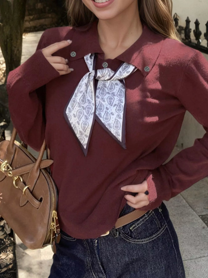 Scarf-tie collared long sleeve knit sweater