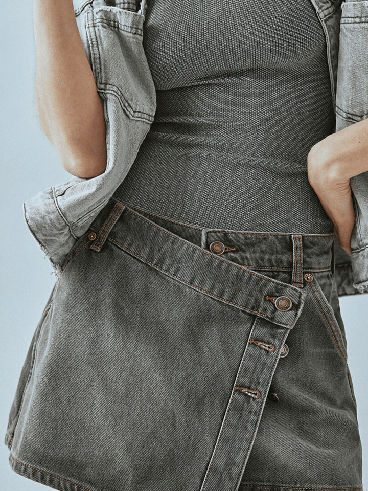 Asymmetrical button-front denim mini skirt