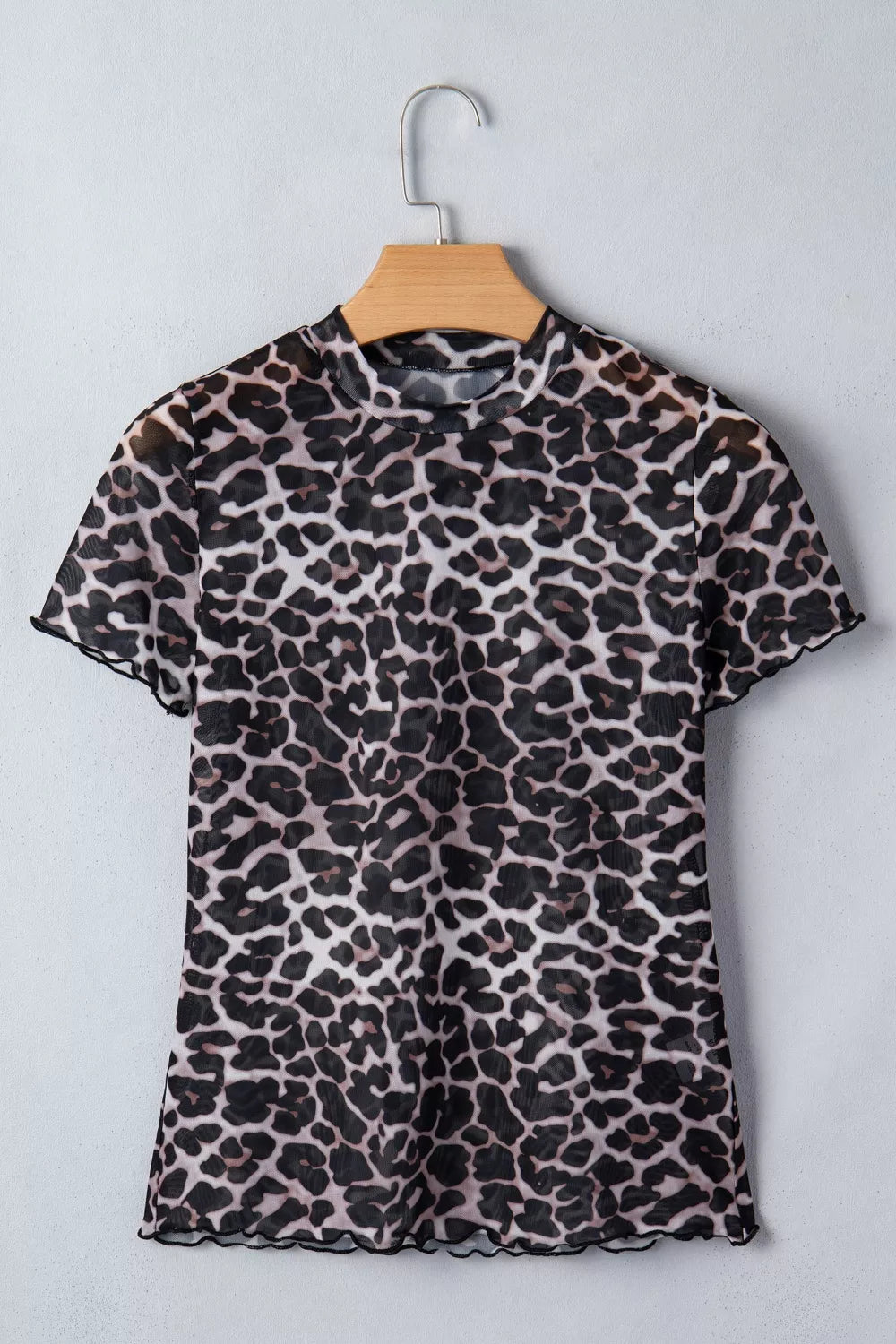 Sheer mesh leopard print fitted short sleeve top