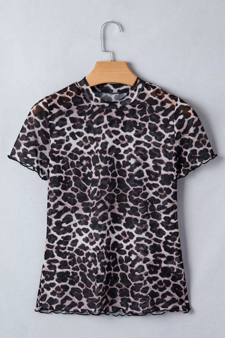 Sheer mesh leopard print fitted short sleeve top