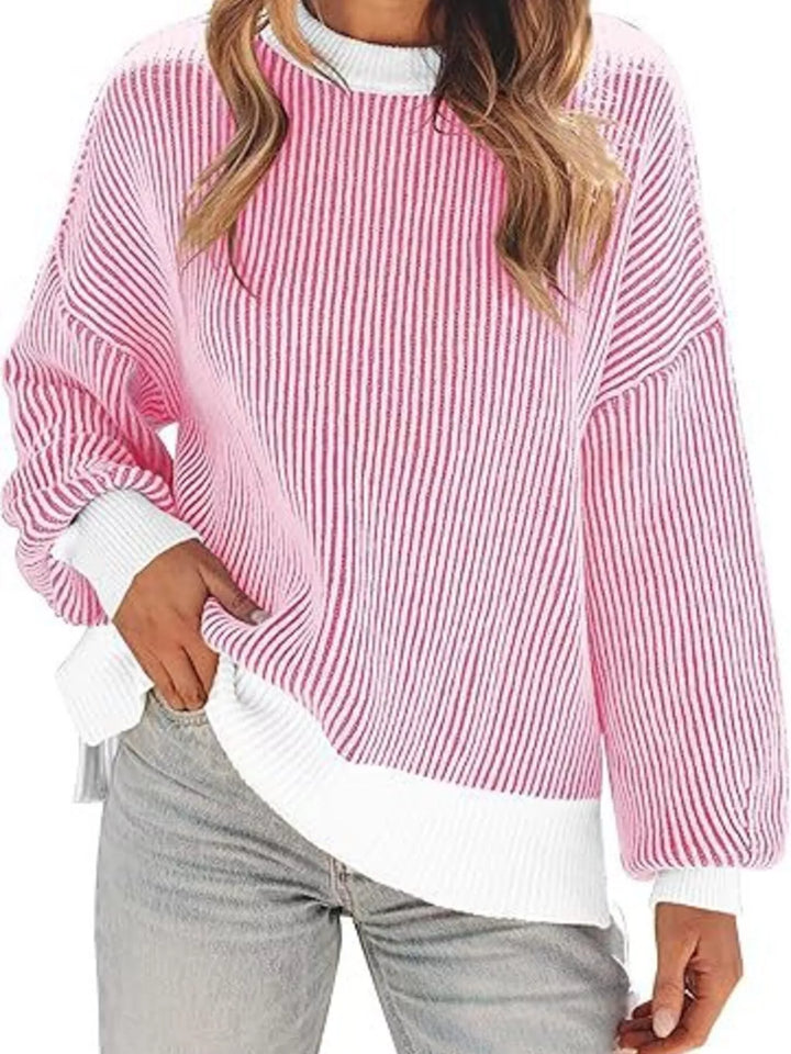 Pink Striped ribbed knit drop shoulder sweater with side slits