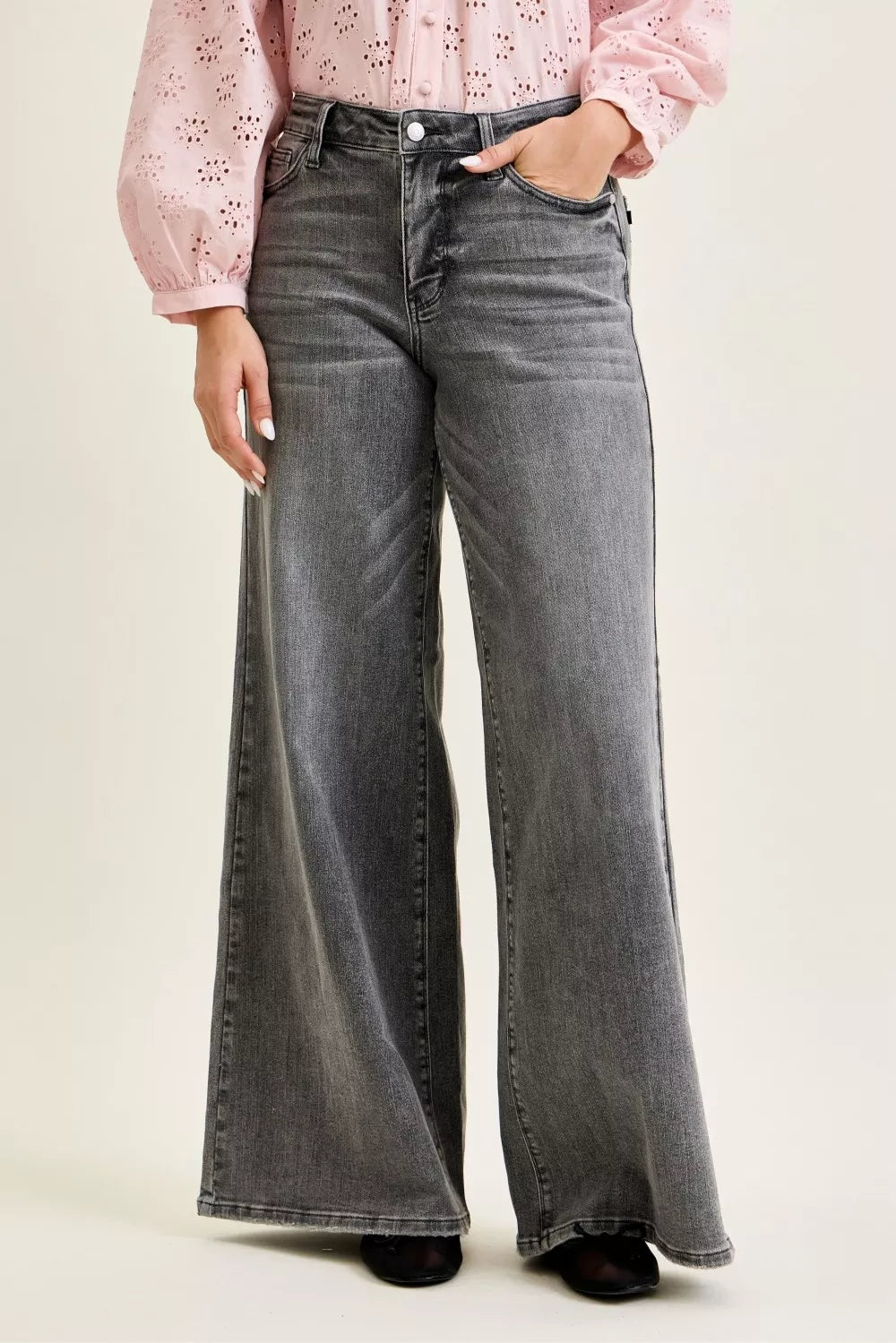 Mid-rise wide-leg palazzo jeans with split back yoke
