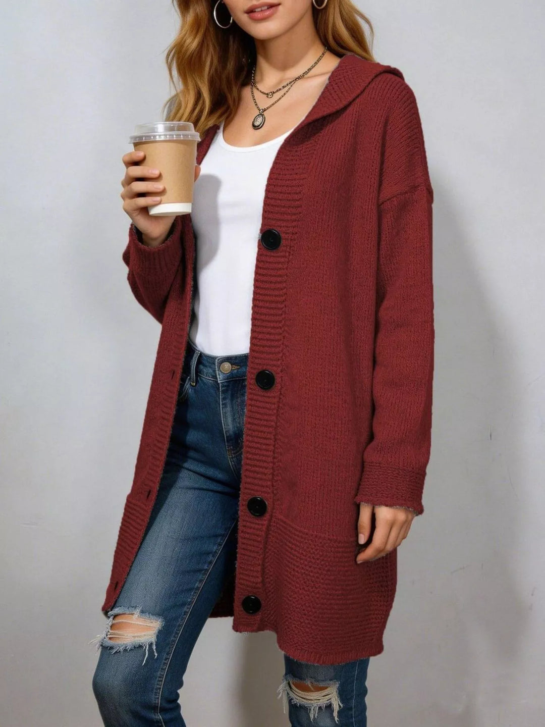 Burgundy Hooded button-front longline knit cardigan with pockets