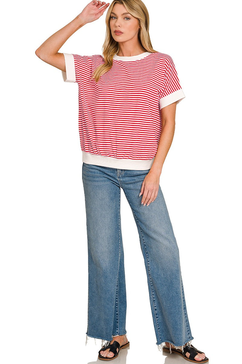 Striped short sleeve top with contrast trim and banded hem