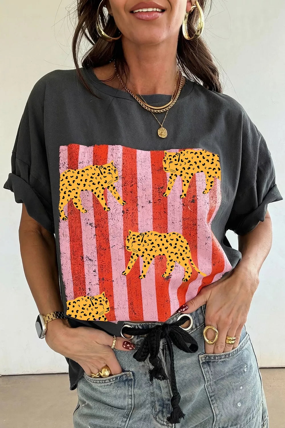 Dark Gray Cheetah stripe graphic crew neck cotton tee