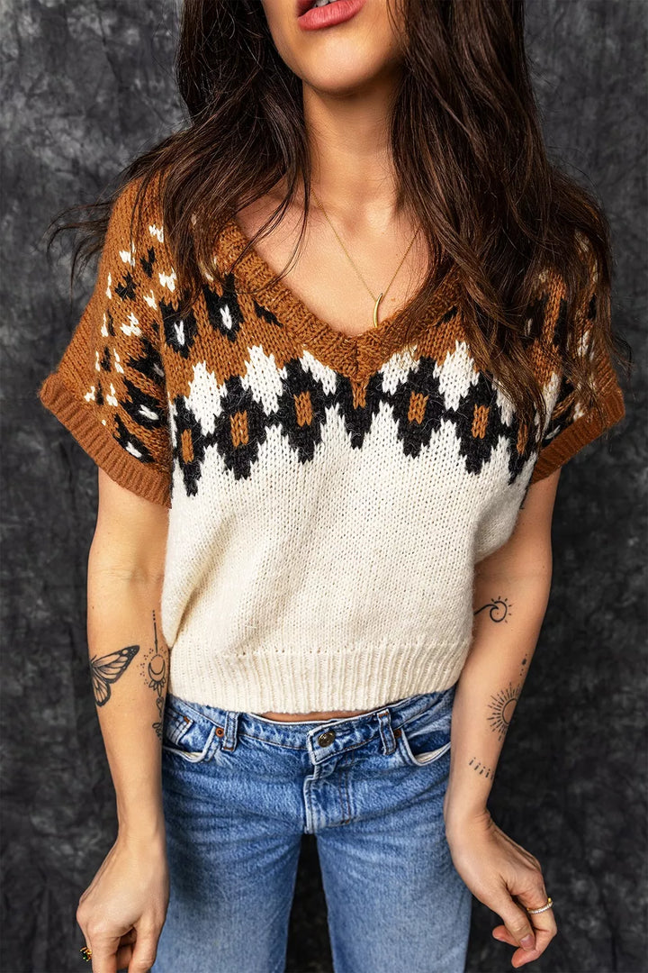 Geometric fair isle short sleeve V-neck sweater