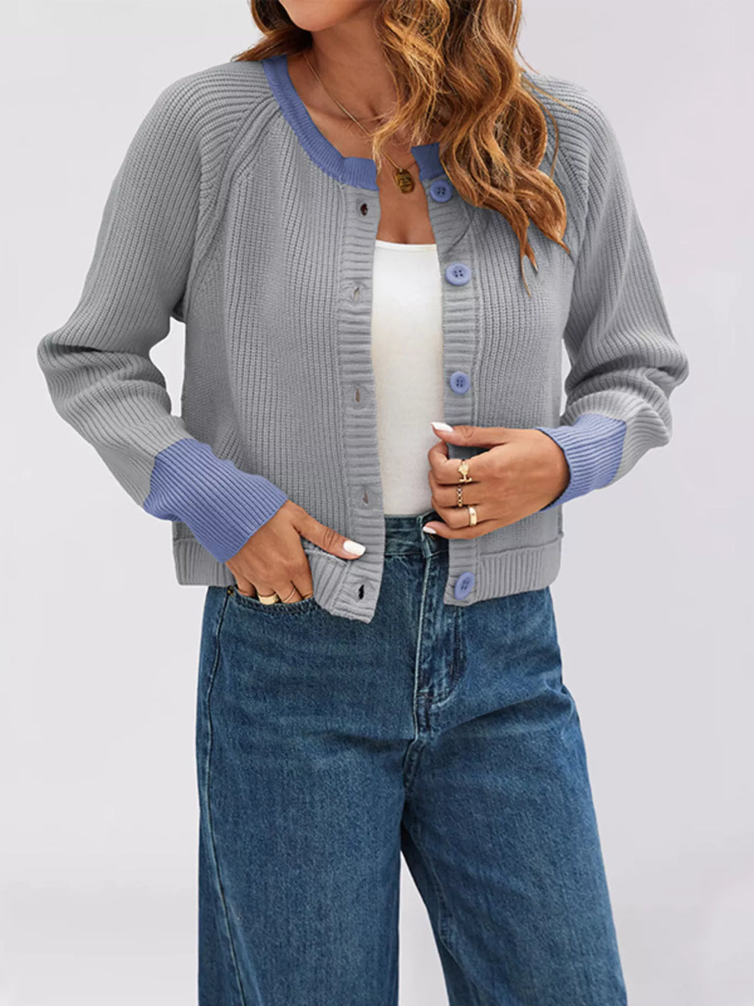 Gray Ribbed knit cardigan with contrast trim and button front
