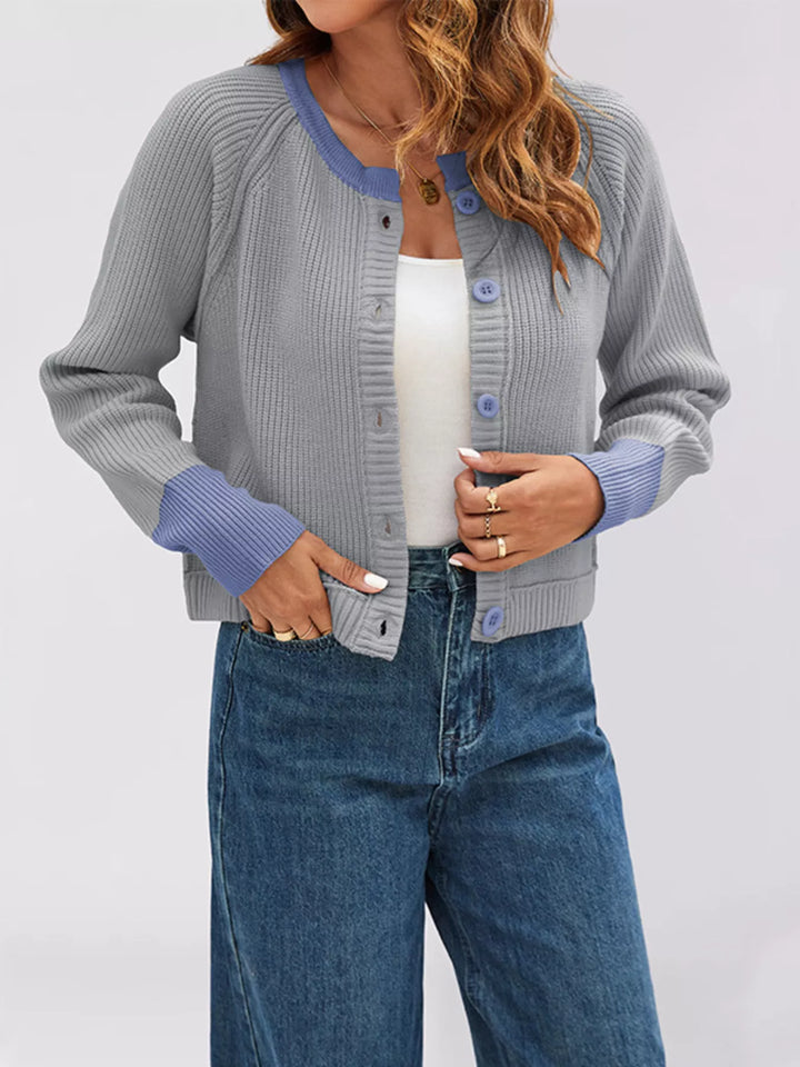 Gray Ribbed knit cardigan with contrast trim and button front
