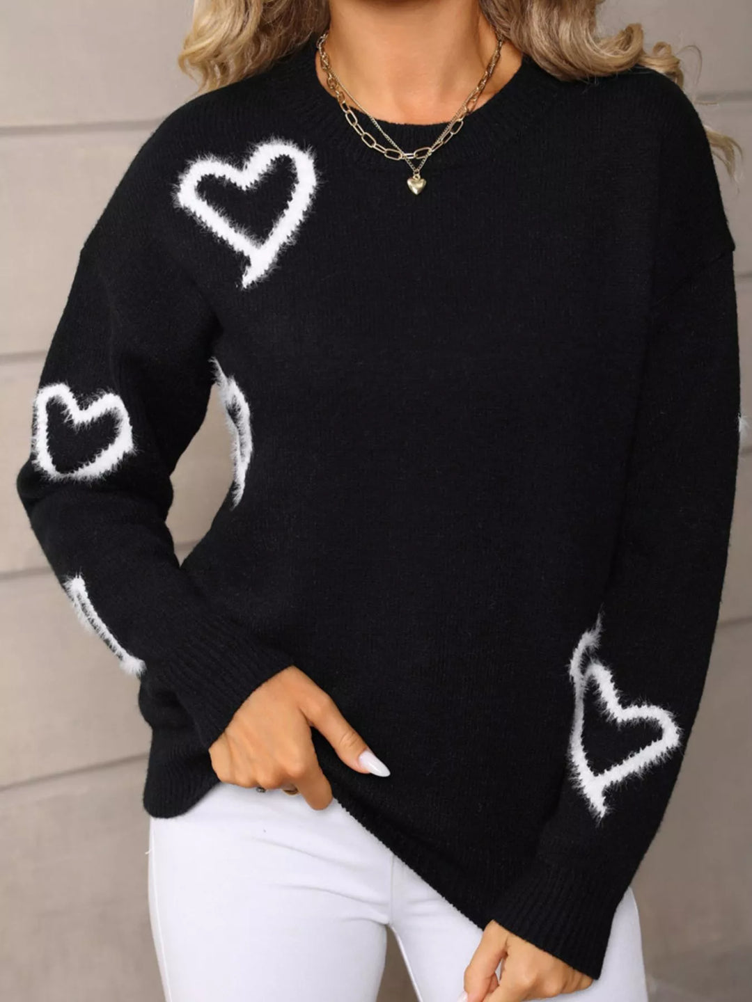 Fuzzy heart crew neck sweater with ribbed trim