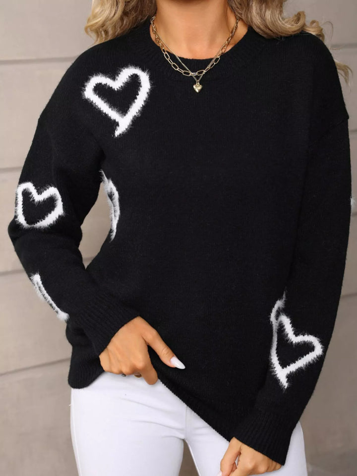 Fuzzy heart crew neck sweater with ribbed trim