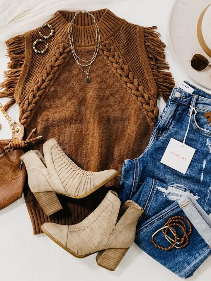 Fringe-trim braided cable knit mock neck sweater top