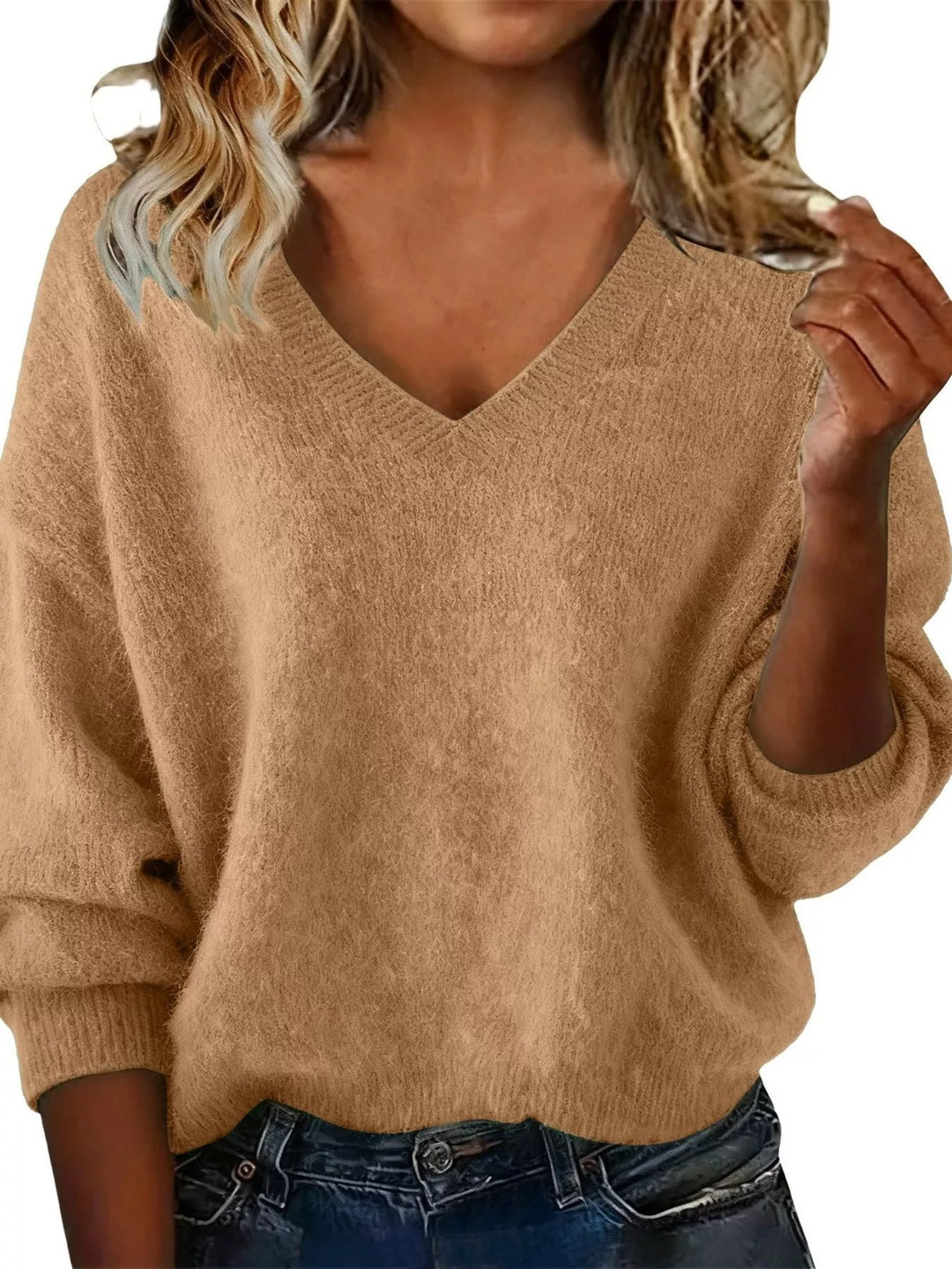 Khaki Dropped-shoulder V-neck brushed knit sweater