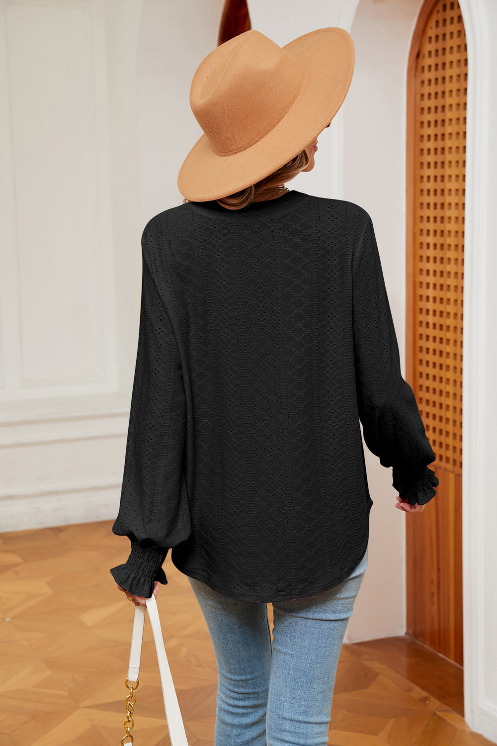Eyelet notched-neck blouse with flounce sleeves