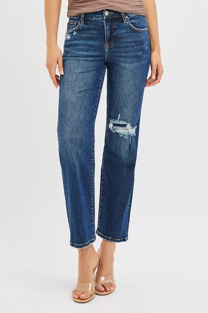 DARK Distressed high-rise cropped slim straight jeans with raw hem