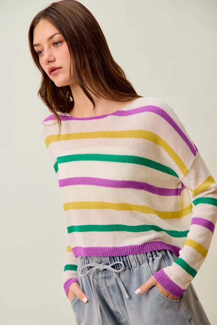 Color stripe lightweight knit sweater with boat neck