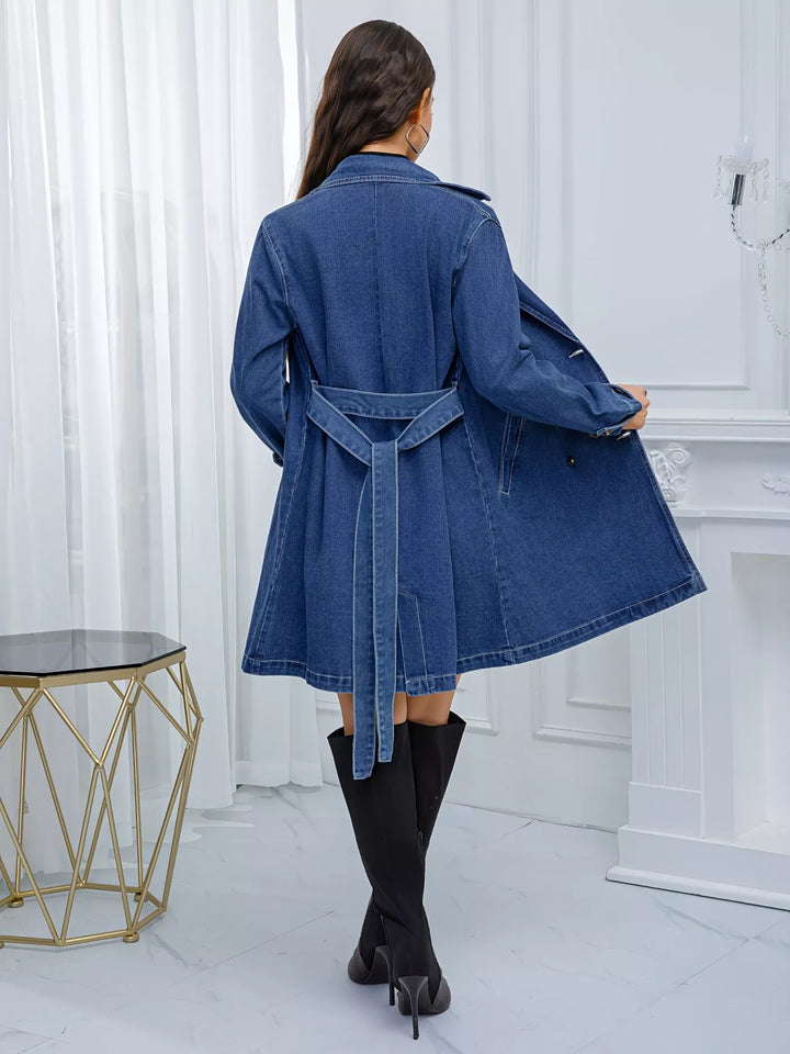 Belted double-breasted longline denim jacket