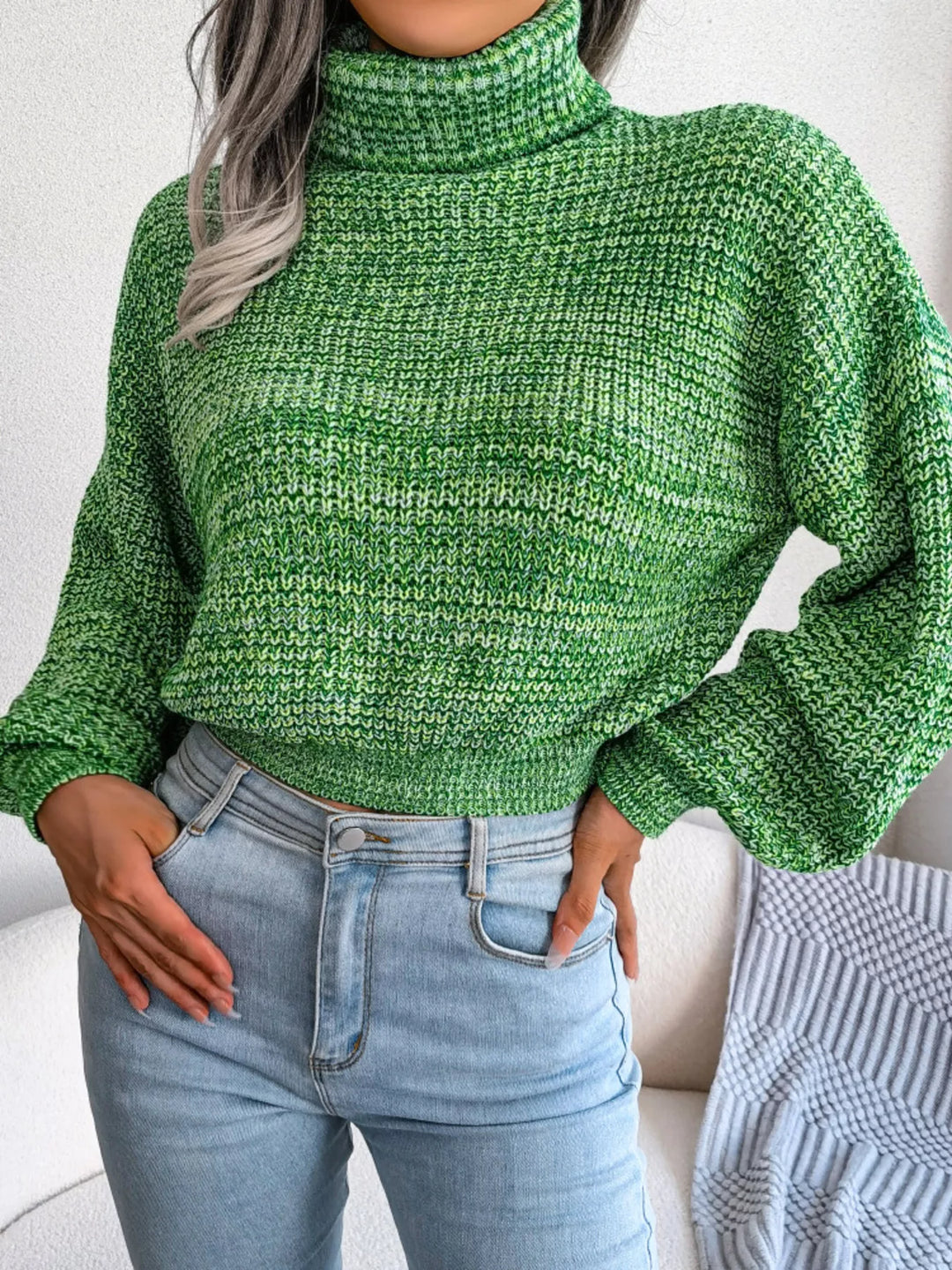 Green Waffle knit turtleneck sweater with dropped shoulders