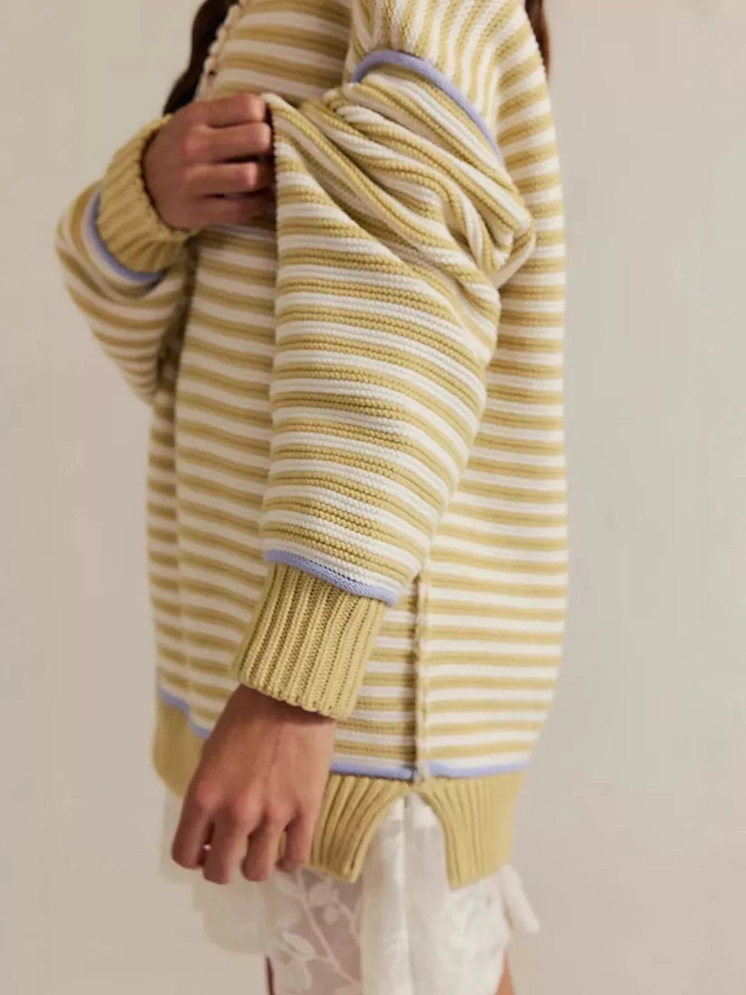 Striped ribbed knit round neck sweater with contrast trim