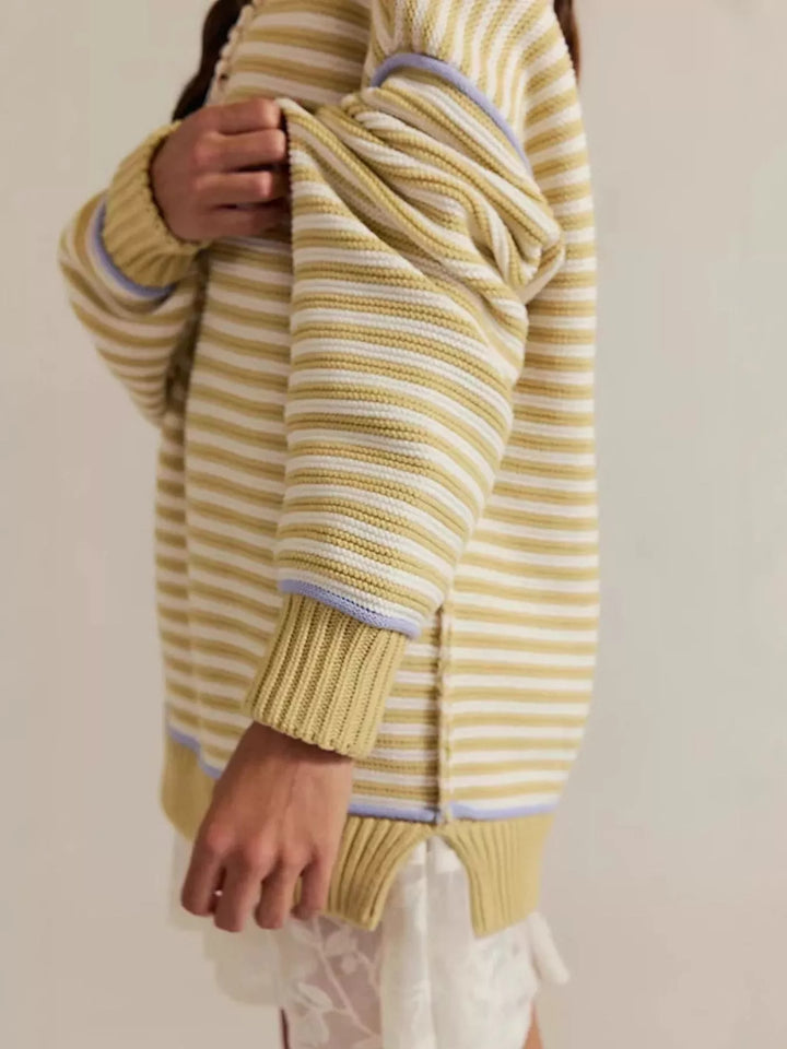 Striped ribbed knit round neck sweater with contrast trim