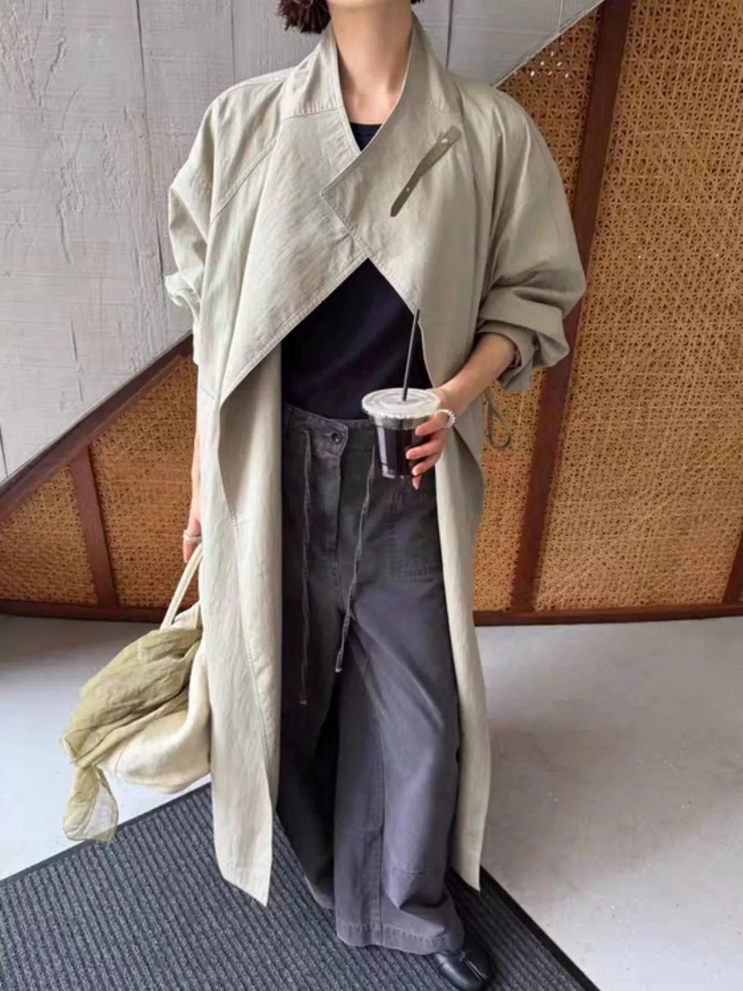 Sage Drawstring open front longline trench coat