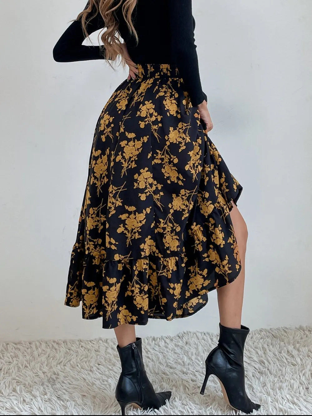 Flared ruffle-tier midi skirt with elastic waist