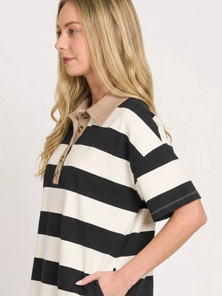 Striped polo top with contrast collar and button placket