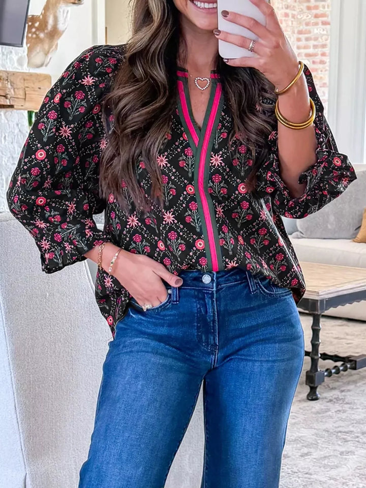 Black Vintage floral contrast V-neck blouse with bracelet sleeves