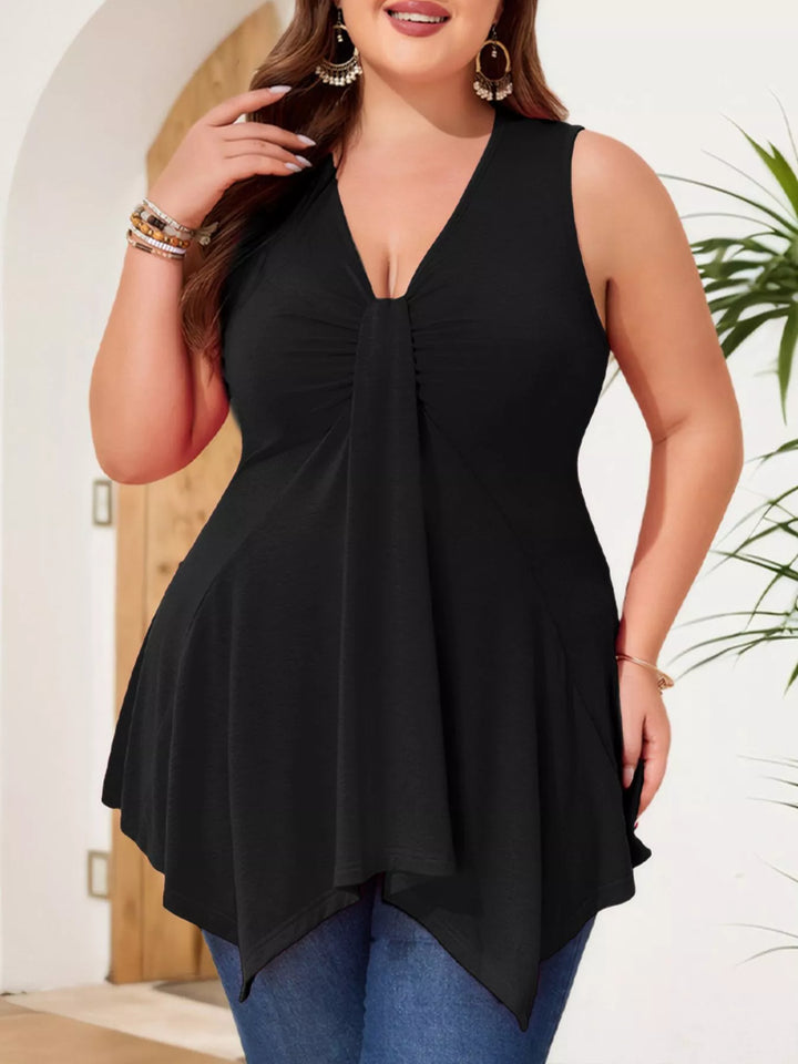 Plus size V-neck ruched tank with asymmetrical hem