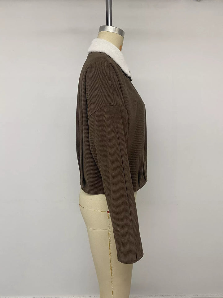Corduroy zip-up jacket with sherpa collar and snap placket