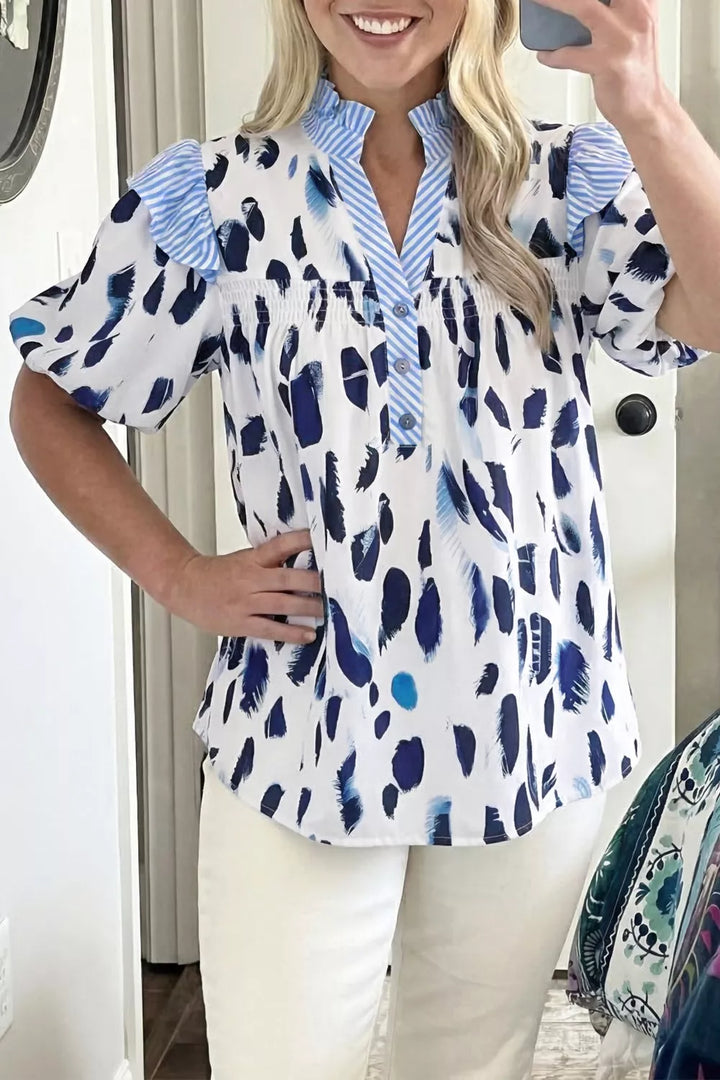 Abstract animal print blouse with striped ruffle yoke