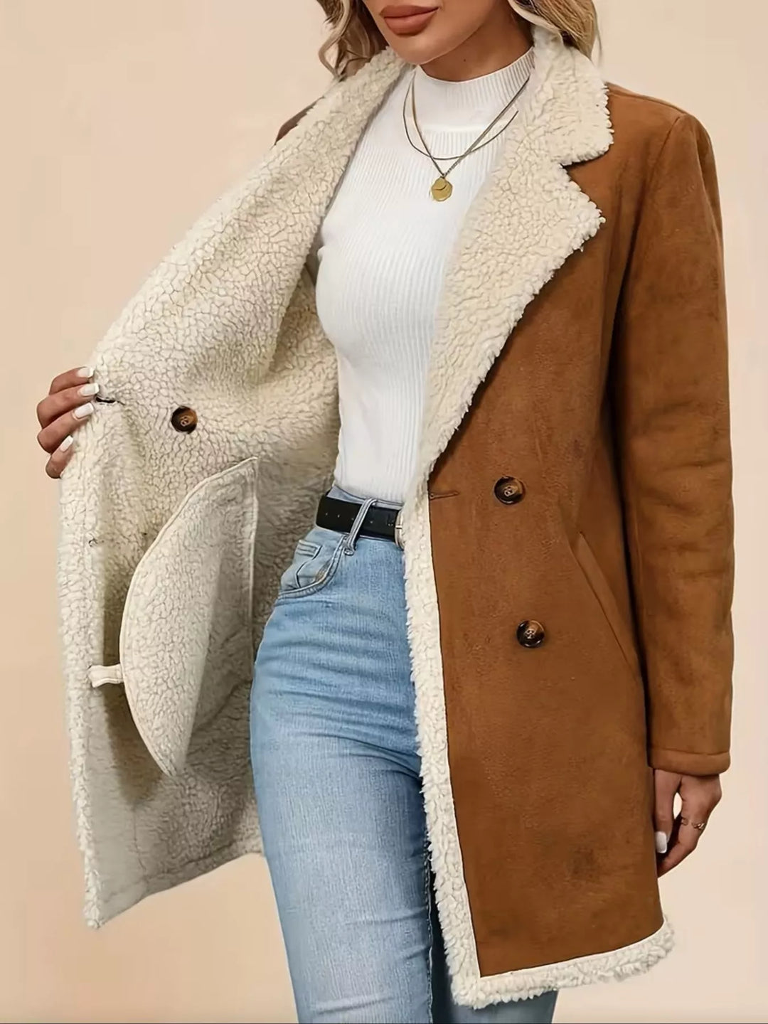 Double-breasted faux suede coat with sherpa trim