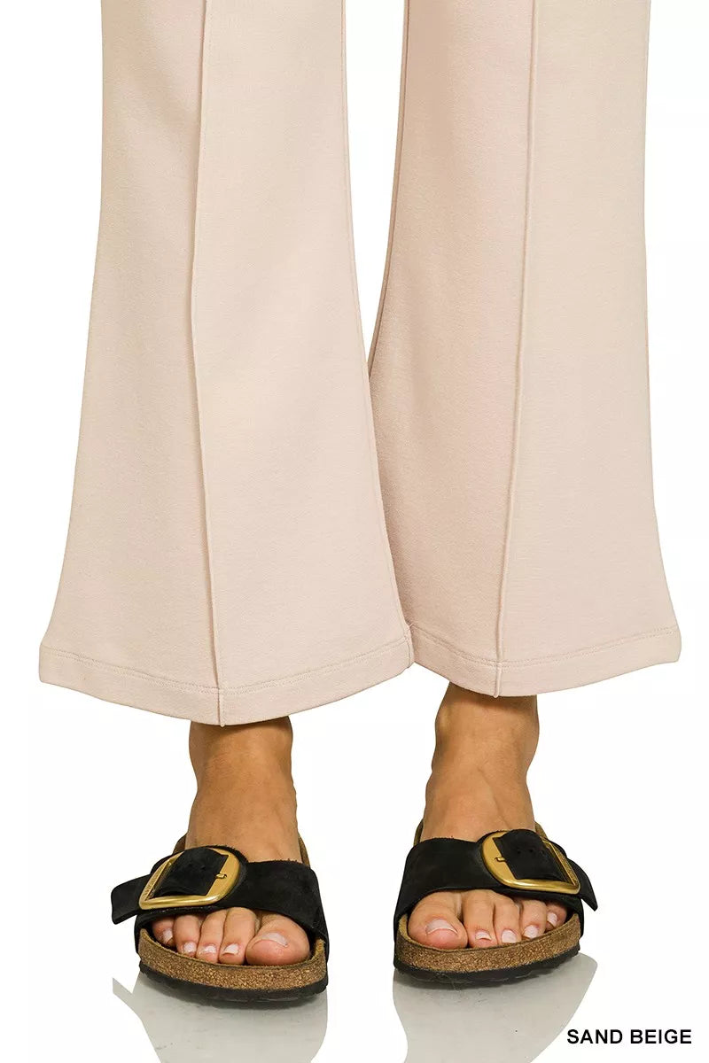 Pintuck front ponte flare pants with elastic waistband