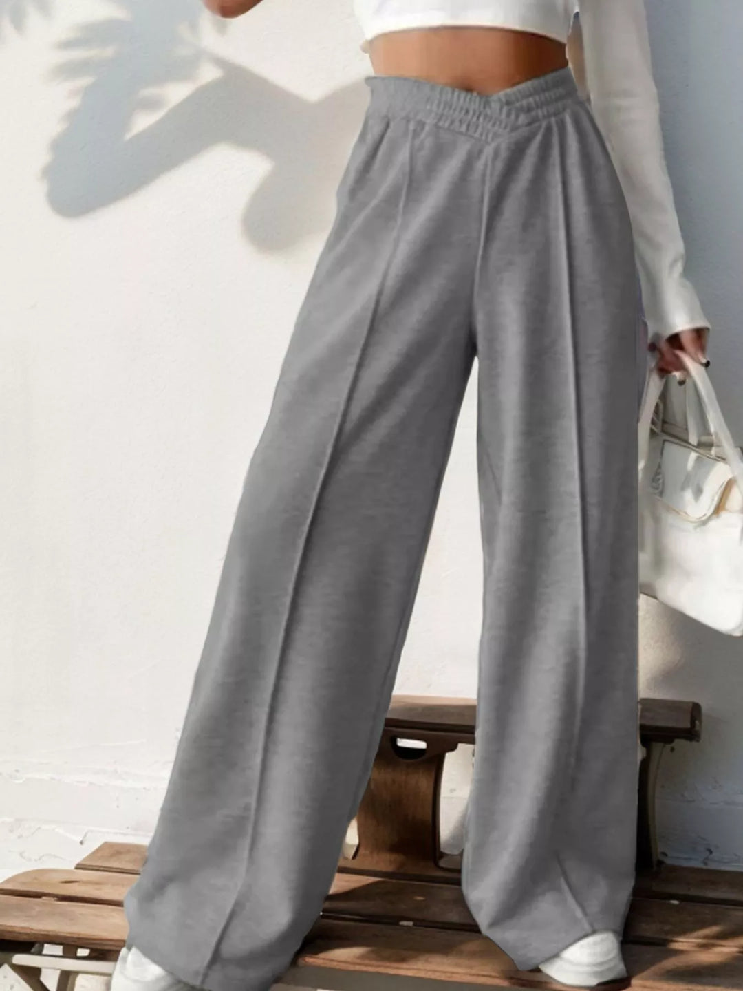 High waist wide leg pull-on pants with V-notch waistband