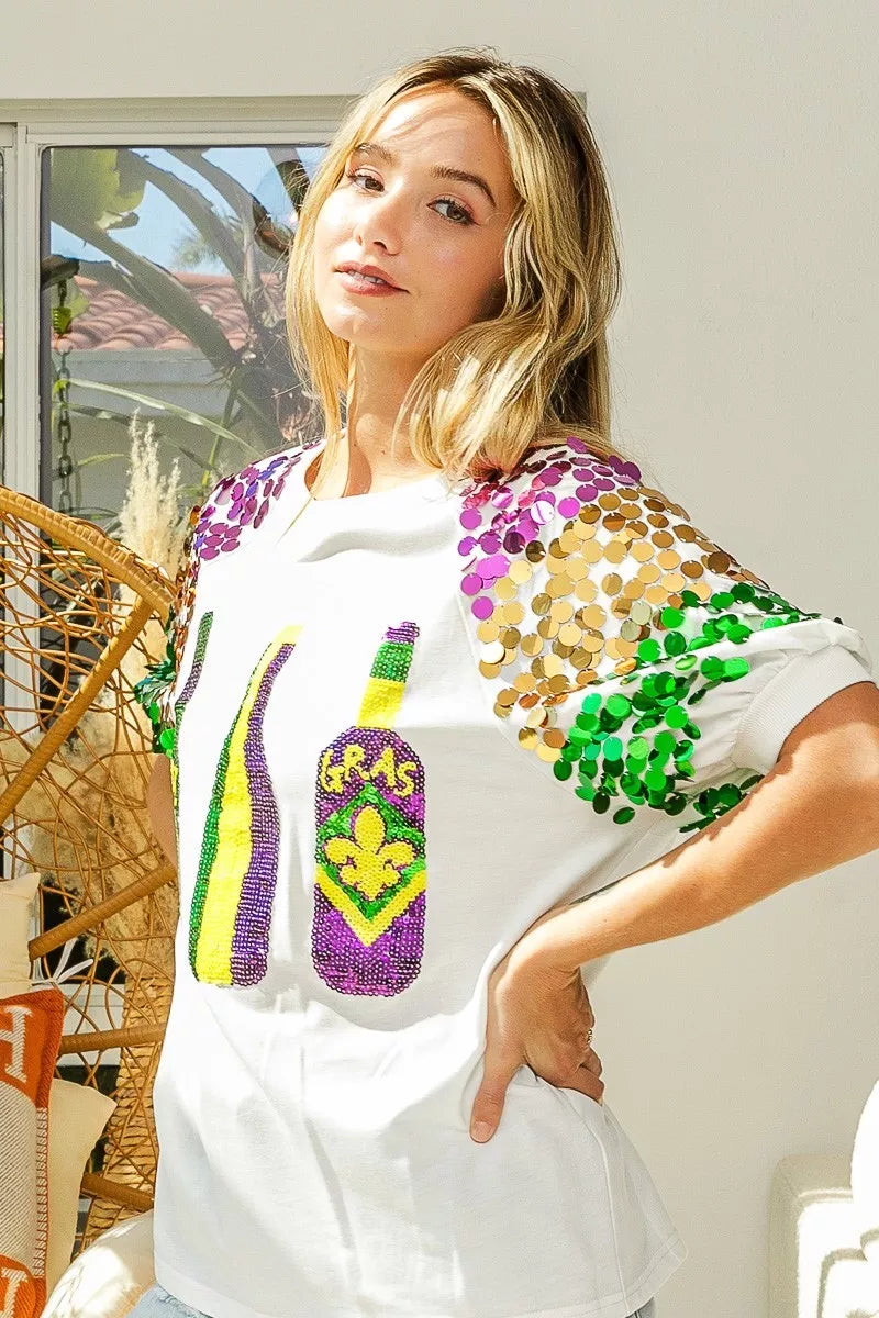 Sequin Mardi Gras bottles graphic tee with paillette sleeves