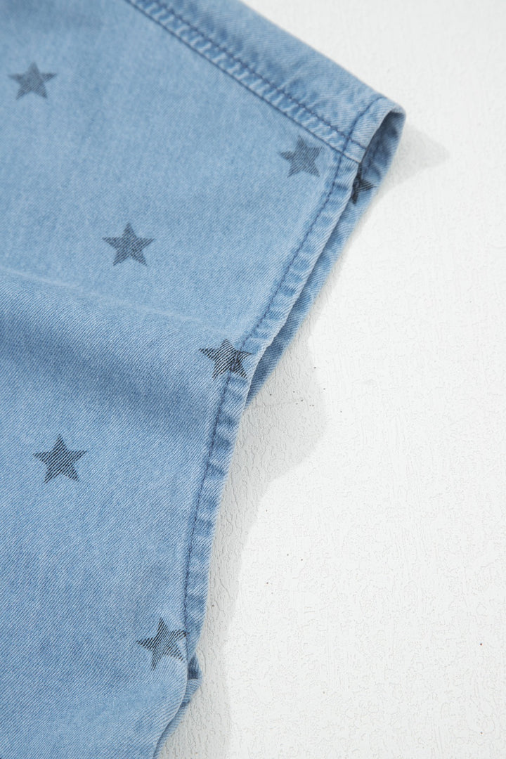 Star print short sleeve denim shirt with chest pockets
