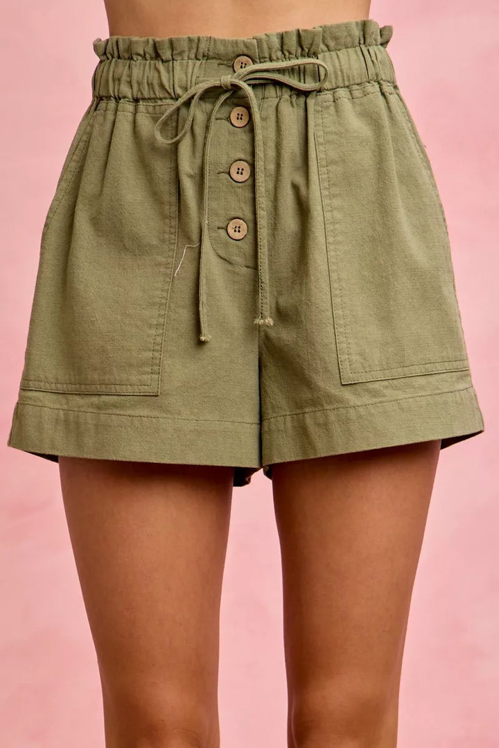 OLIVE Paper bag waist twill shorts with button front and patch pockets