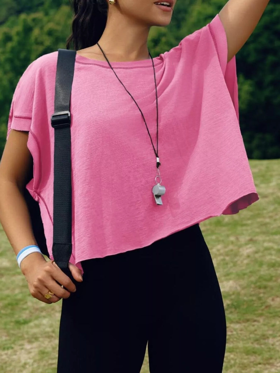 Pink Cutout back boxy crew neck tee with exposed seams
