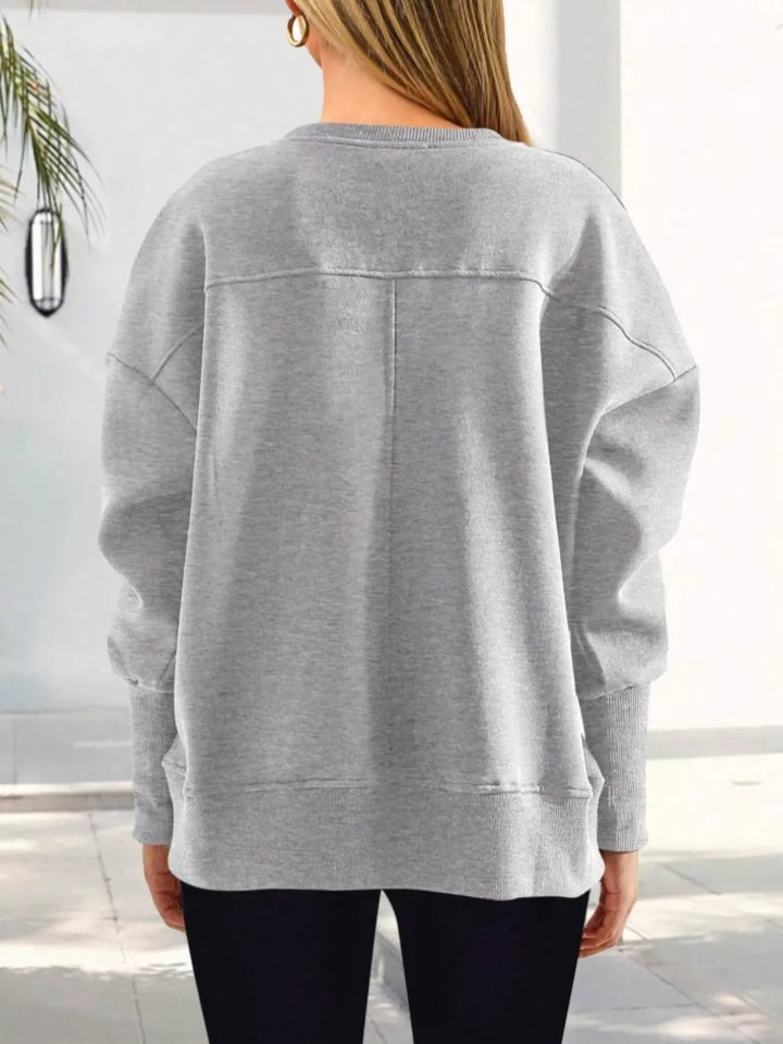 Side slit drop-shoulder relaxed crewneck sweatshirt