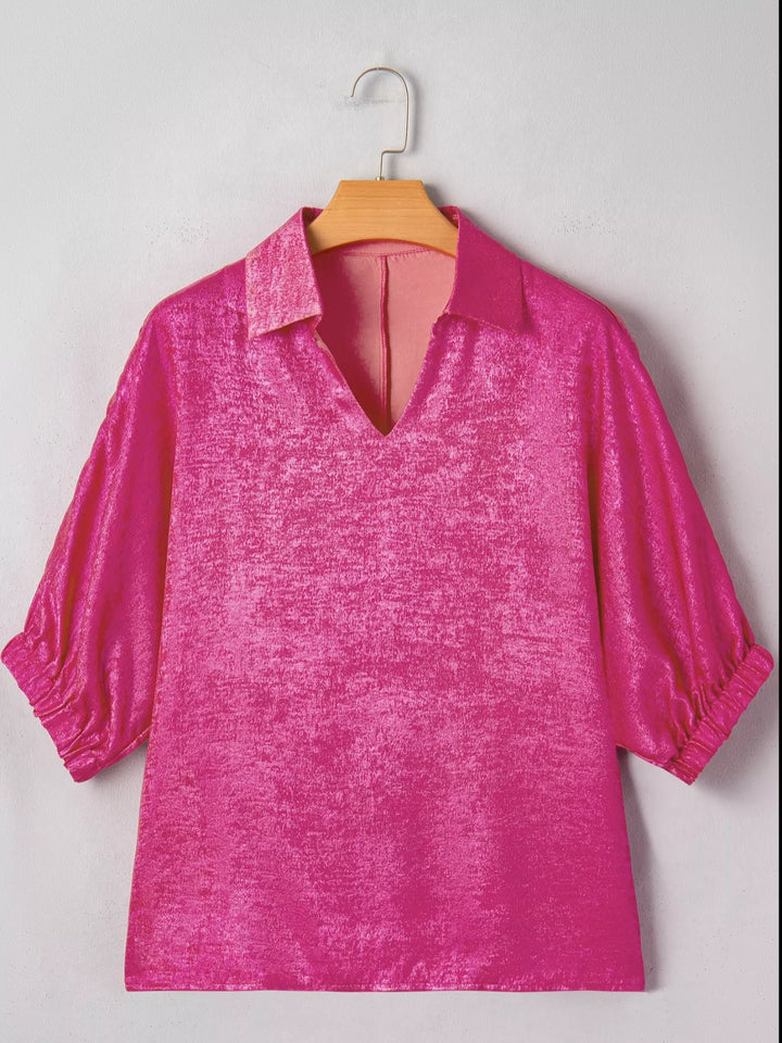 Metallic collared V-neck top with elastic cuff half sleeves