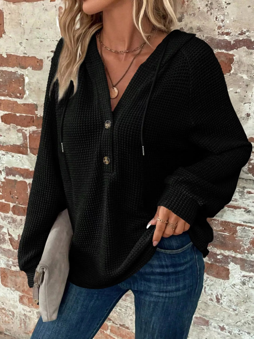 Waffle knit button-front hoodie with drawstring hood