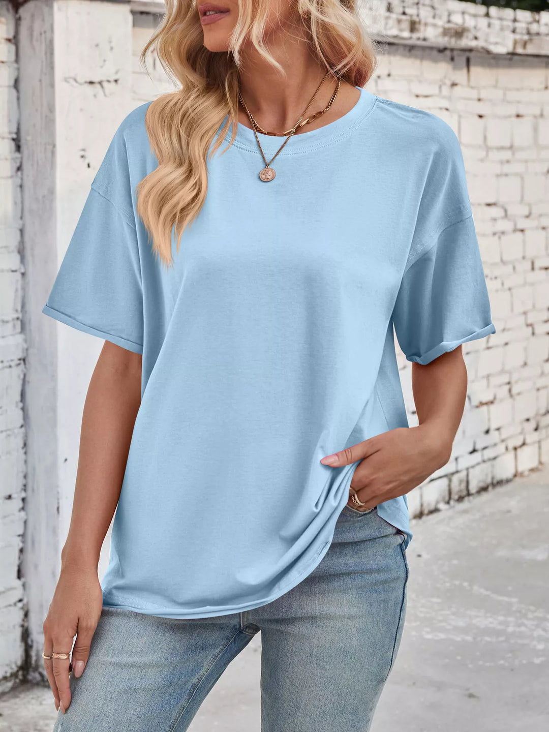 Light Blue Drop-shoulder loose-fit crew neck tee with cuffed sleeves