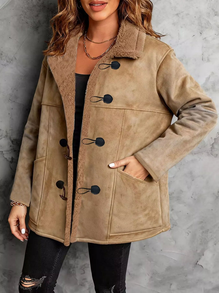 Faux suede sherpa-lined coat with toggle closures
