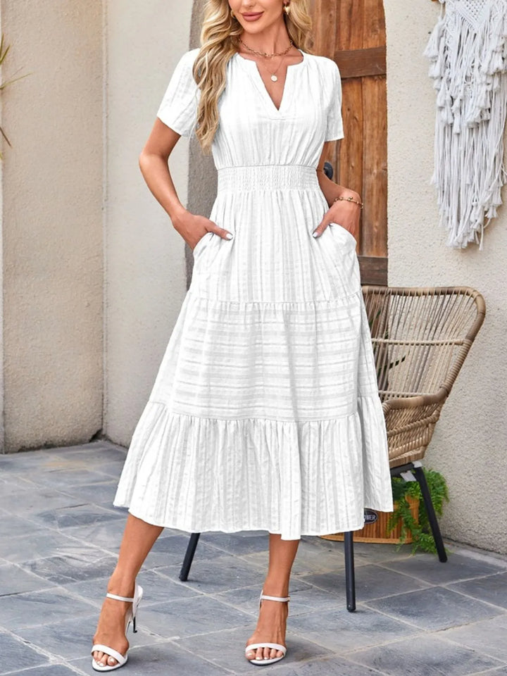 White Tiered notched neck short sleeve midi dress with pockets