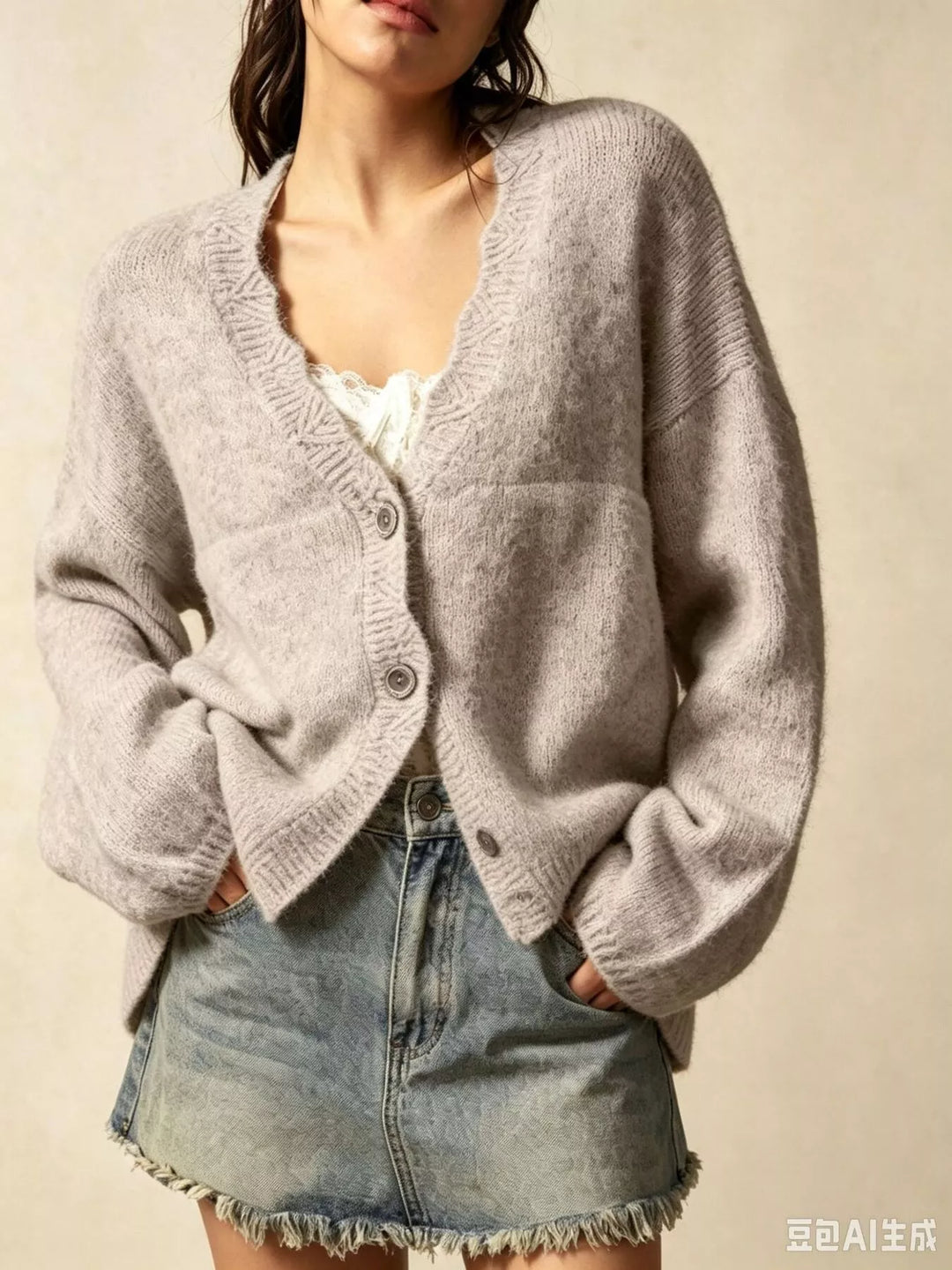Oversized V-neck button-down knit cardigan with textured trim