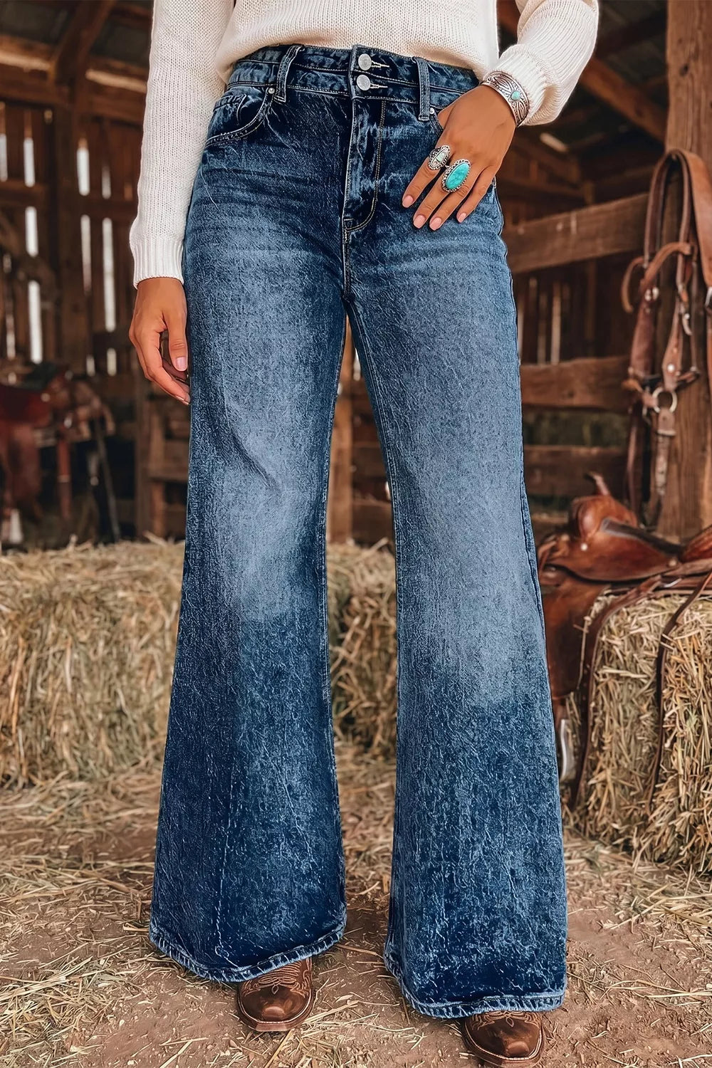Navy Acid wash high-rise wide flare jeans with double-button waist