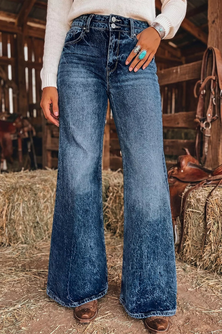 Navy Acid wash high-rise wide flare jeans with double-button waist