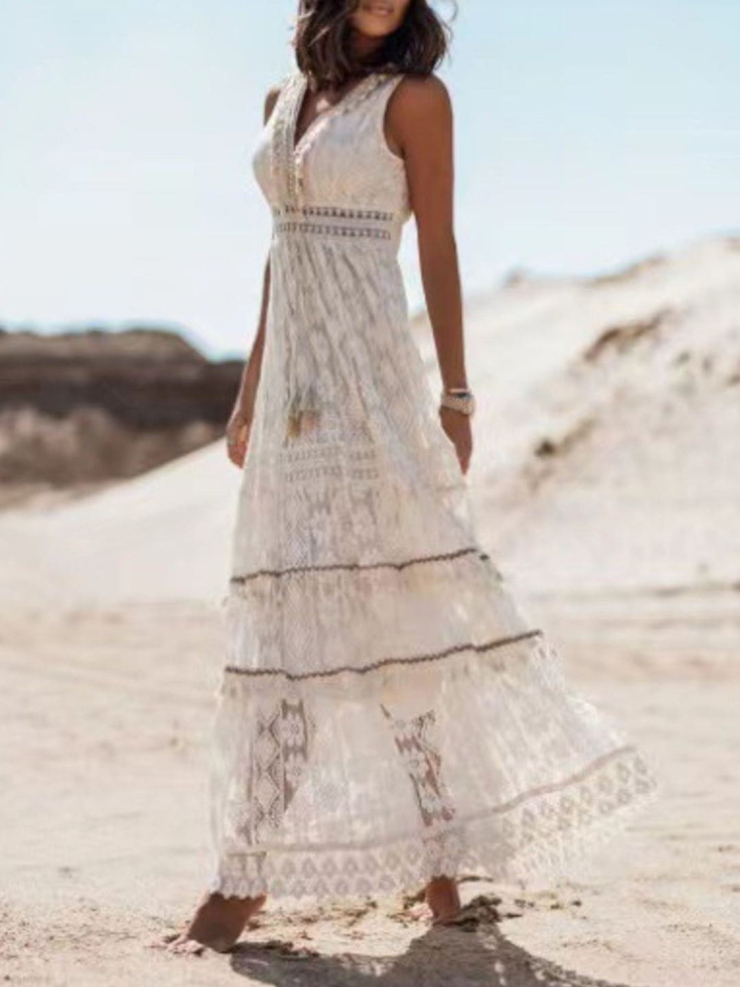 Crochet lace sleeveless V-neck maxi dress with tassel trim
